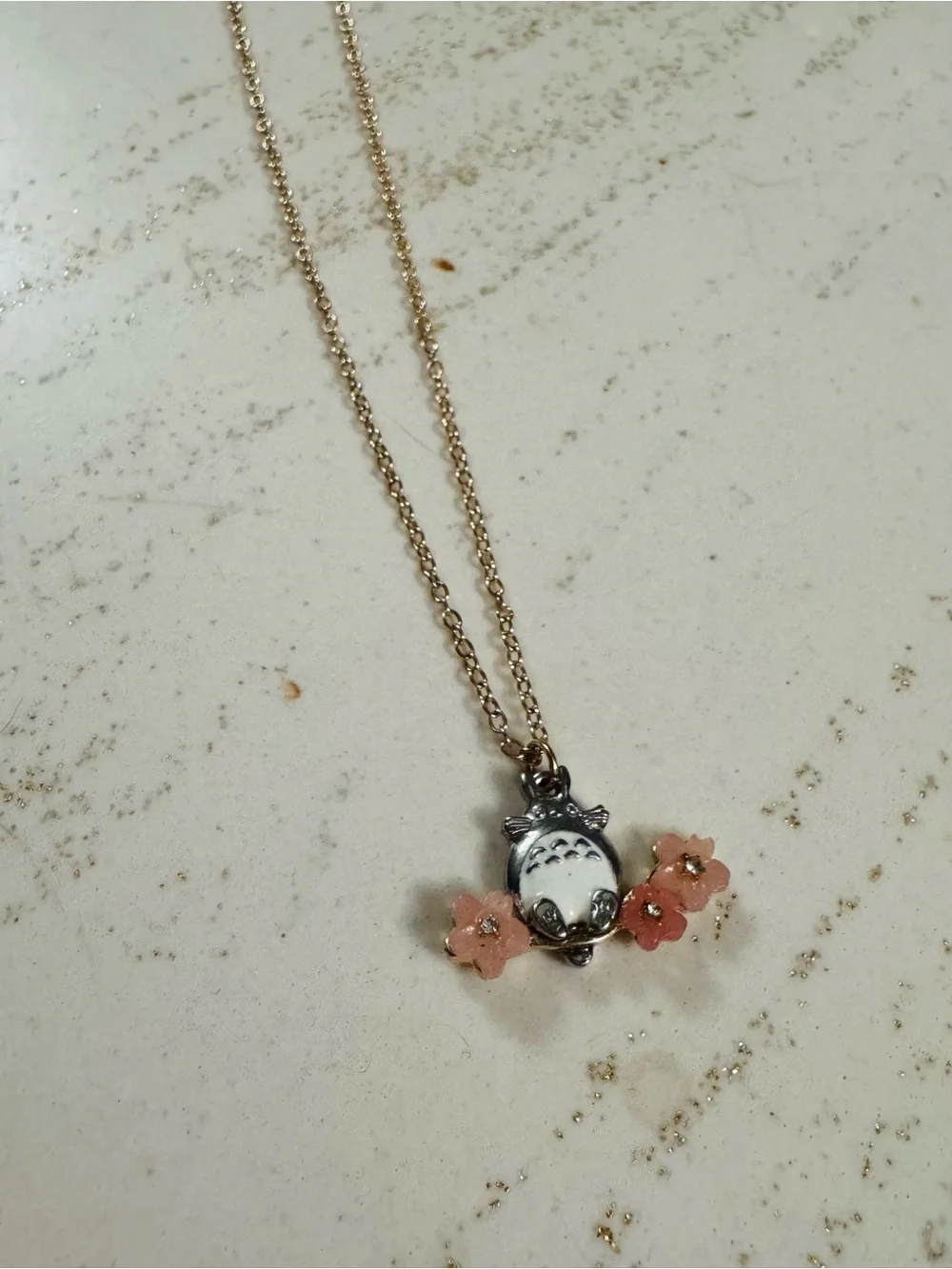 My Neighbor Totoro Pendant Necklace with Pink Flower Accents, gold chain